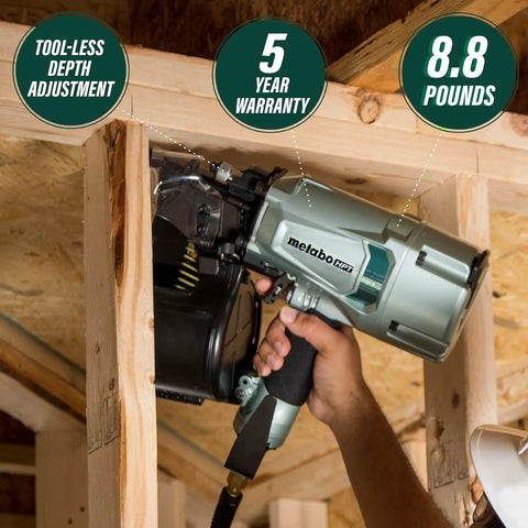 Coil Framing Nailer With 15 Degree Magazine Delivers Fast Driving For Two Inch To Three And One Quarter Inch Nails Lightweight Eight Point Eight Pounds Perfect For Wall Sheathing Roof Decking And Subflooring in use on wood frame