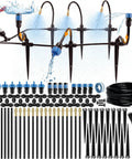 Flexible Drip Irrigation Kit For Gardens 50 Foot Run With 16 Adjustable Nozzles displayed with components and water flow
