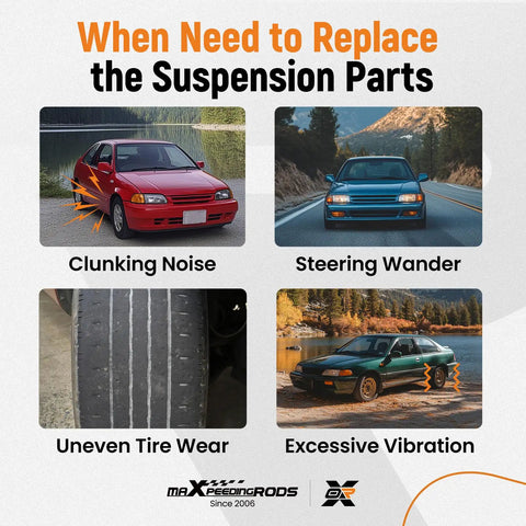 Signs of needing Front Upper Control Arm Kit for Honda Civic 1996 2000: clunking noise, steering wander, uneven tire wear, excessive vibration.