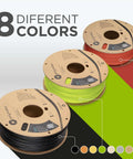 Three spools of 1.75mm PLA filament in red, green, and black on a cardboard reel, showcasing 8 different colors.