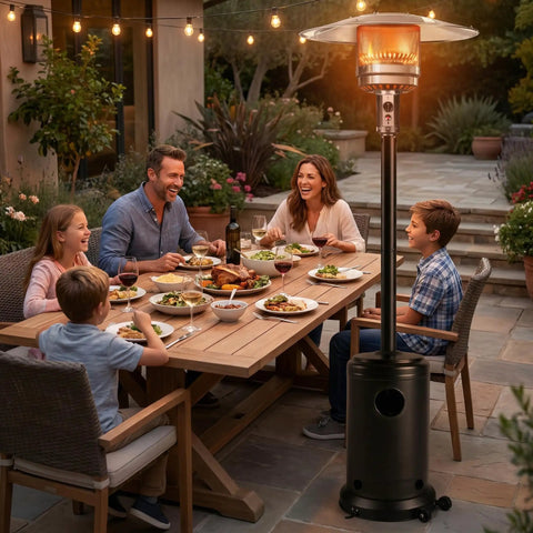 Heavy Duty 50000 BTU Outdoor Propane Patio Heater On Wheels With Easy Push Button Ignition near family dining on patio