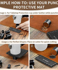 Usage instructions for Pro Grade Leather Circle Cutter Tool Set 34-Piece Circle Punch Kit For DIY Leathercrafts with mat placement.