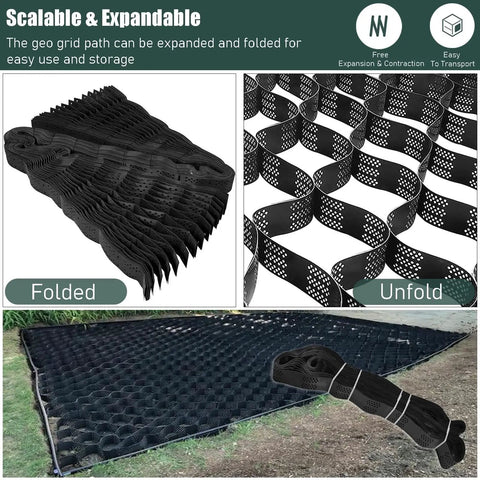 2 Inch Geogrid Driveway And Ground Grid Stabilizer for Gravel Cement Sand Cuttable Geo Grid Paver 2x6 M and 6x20 Ft folded and unfolded view