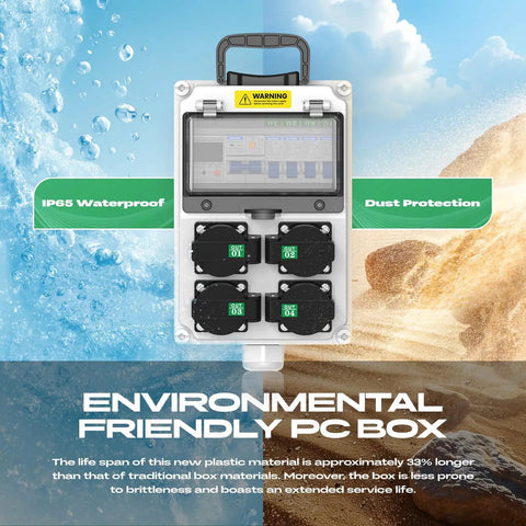 Go-To 110V IP65 Weatherproof Breaker Box with NEMA 5-20 Outlet with dust protection and environmental-friendly design in outdoor setting