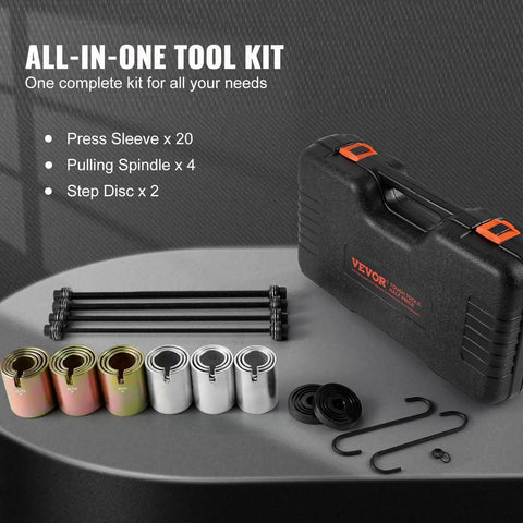 Pull And Press Sleeve Kit For Auto Repair Pro Grade 26 Pcs with steel bush removal tools and carrying case displayed