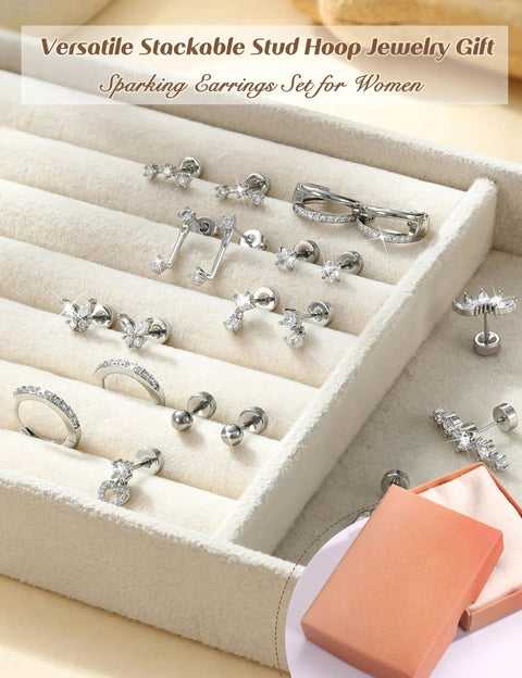 Hypoallergenic Flat Back Stud Earrings Set For Women All In One 14K Gold Plated Surgical Steel Silver Finish Includes 6 Stud Pairs Butterfly CZ Ball Dangle Climber Ear Jacket 4 Flatback Tragus Pieces And 2 Conch Hoop Earrings silver earring set on display tray