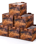 6 Pack Retro Large Fabric Storage Bins With Heavy Duty Handles Big Foldable Cloth Cubes For Closet Shelf Organization stacked in brown.