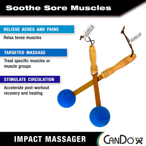 Two Pack Percussion Massage Tools For Sore Muscles And Total Body Relief, featuring manual ball massager, wood handles, blue balls.