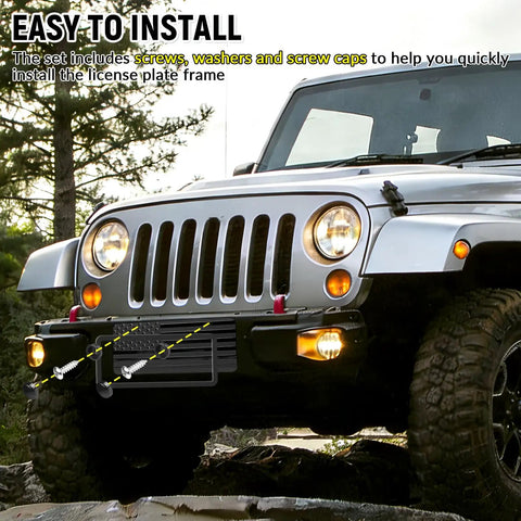 SUV with Flag 6x12 Inch Aluminum License Plate Frame With Thick 3D Embossed Metal Tag, installed, in rugged terrain.