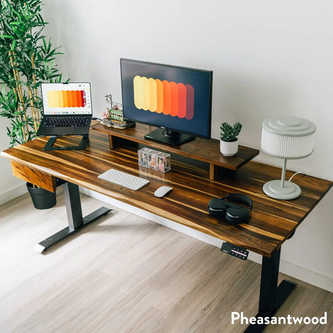 Straight Up Solid Hardwood Ergonomic Standing Desk With Sleek Dual Drawers For Chill Work From Home Setup And Premium Walnut Gray Finish You Will Definitely Love in a bright office setting with dual screens.
