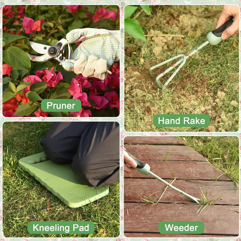 10 Piece Floral Design Garden Tools Set With Tote Bag And Knee Pad Includes Hand Rake Weeder Transplanter Trowel Pruning Shears Garden Trowel Gloves Sprayer For Everyday Garden Maintenance Grab And Go Gift For Mom And Garden Lovers