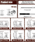 Tough Stainless Chicago Screws 110 Piece Kit sizes showcase M5 post diameters, with detailed measurements for efficient repairs.