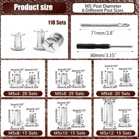Tough Stainless Chicago Screws 110 Piece Kit sizes showcase M5 post diameters, with detailed measurements for efficient repairs.