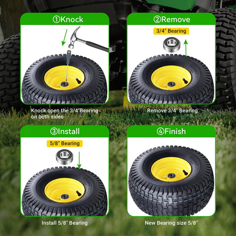 Two Pack 15x6.00-6 Tubeless Front Tire And Wheel Set For John Deere Riding Mowers With 3/4 In Bearings And 5/8 In Extras, 3 In Offset Hub, 4-Ply Heavy-Duty, Fits 100 And 300 Series bearing install guide for mower tire wheel set