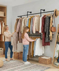 Heavy Duty Industrial Pipe Clothing Rack With Four Hanging Rods Wall Mounted Garment Rack Black Steel Frame with clothes.