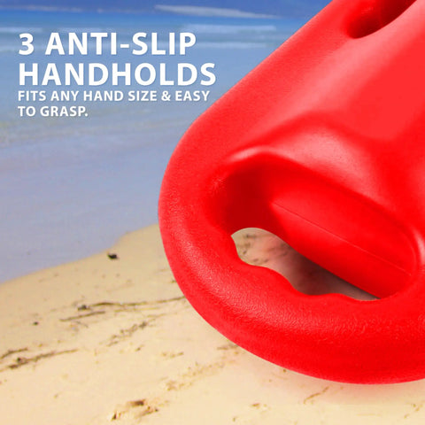 Top Shelf Lifeguard Rescue Can Featuring Secure Three Hole Handle And Sleek Torpedo Shape showing anti-slip handholds for easy grasp.