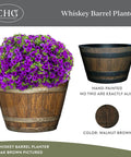 Outdoor Whiskey Barrel Planter Set Of 2 Made From Resin In Walnut Brown With UV Coating And Drainage Holes, Lightweight Yet Durable