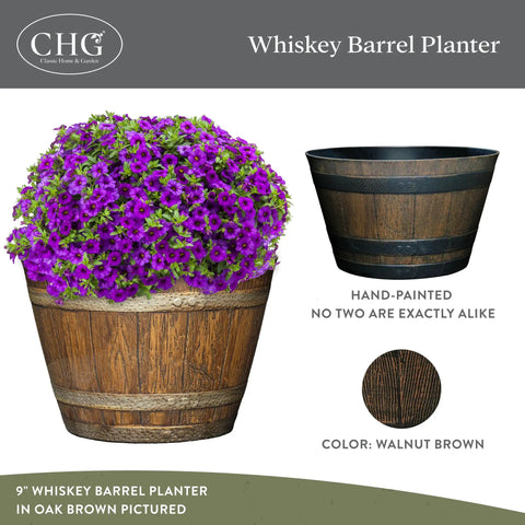 Outdoor Whiskey Barrel Planter Set Of 2 Made From Resin In Walnut Brown With UV Coating And Drainage Holes, Lightweight Yet Durable