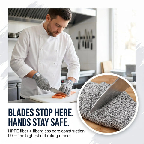 Chef wearing Level 9 Cut Resistant Kitchen Gloves With HPPE Food Grade Materials For Meat Cutting in kitchen