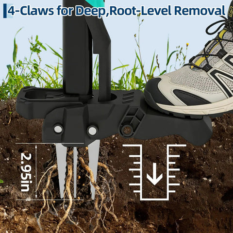 40 Inch Stand Up Weed Puller With 4 Claw Ejector Long Reach Garden Weeder For Easy Root Removal No Bending Kneeling Or Back Strain Effortless Dandelion Thistle And Crabgrass Removal, 4-claw root removal