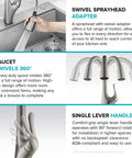 Swivel sprayhead and single lever handle of kitchen faucet with 360° swivel feature and high-arc design in stainless steel.