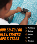 Gorilla Waterproof Patch & Seal Tape, black, 4" x 10', close-up of hands applying to pool tile