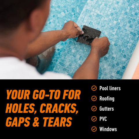 Gorilla Waterproof Patch & Seal Tape, black, 4" x 10', close-up of hands applying to pool tile