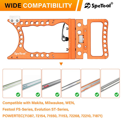 Heavy Duty Track Saw Square Delivering Dead On 90 Degree Guide Rail Alignment Quick Lock Mechanism Extra Thick Anodized Aluminum Body shown on guide rails.