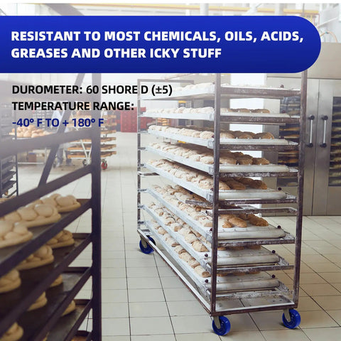 Rugged 6X2 Inch Stainless Steel Casters Featuring Smooth Rolling Solid Blue Polyurethane Wheels And Secure Brake Locks Built Tough As Nails For Warehouse Jobs on baking rack.
