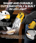 Cordless 20V Max Metal Shears, Heavy Duty Brushless Cutter For Stainless Steel And Iron, shown cutting metal sheet.