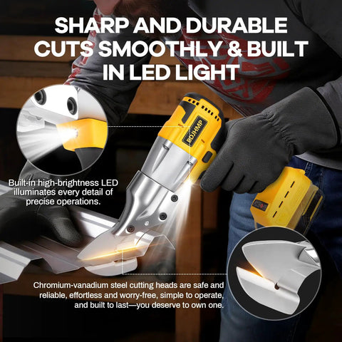 Cordless 20V Max Metal Shears, Heavy Duty Brushless Cutter For Stainless Steel And Iron, shown cutting metal sheet.