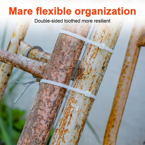 Heavy Duty 12 Inch Zip Ties With 200Lbs Tensile Strength securing metal pipes outdoors, V Shaped Toothed Double Sided Cable Ties