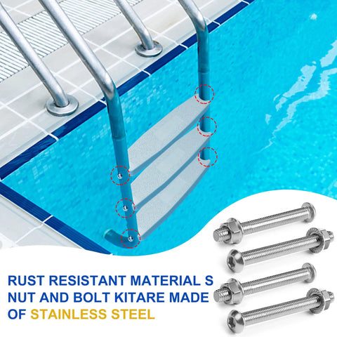 Six Pack Stainless Steel Pool Ladder Bolts And Nuts Replacement Kit For Above Ground Pools With Threaded Head Design, shown near pool ladder