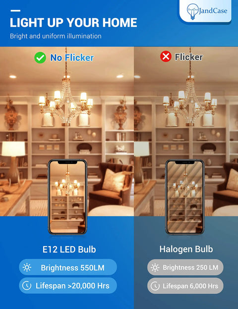 Comparison of E12 LED bulb and halogen bulb in chandeliers showing no flicker with LED, brightness and lifespan details.