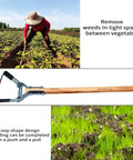 Farmer using Stirrup Hoe Garden Tool With Adjustable Loop Heads for Easy Peasy Weeding alongside a close-up of the tool.