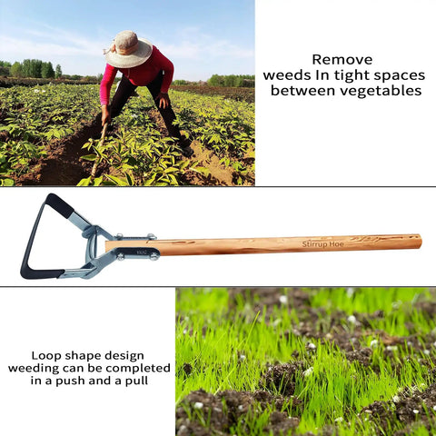 Farmer using Stirrup Hoe Garden Tool With Adjustable Loop Heads for Easy Peasy Weeding alongside a close-up of the tool.
