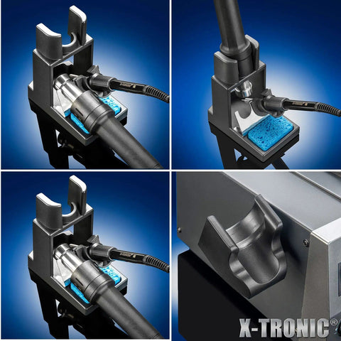 Close-up of High Power Hot Air Rework Soldering Station Kit with 700W main unit, featuring 75W iron holder and wet sponge.