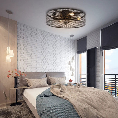 Vintage Industrial Ceiling Fan With Light And Retractable Blades 42 Inch Cage Chandelier Style in modern bedroom