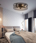 Bedroom with Industrial Cage Ceiling Fan With Light And Remote, 36-Inch Retractable Blades, Retro Edison-Chic Chandelier Style Fan