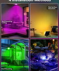 Installation methods showing Outdoor RGB LED Flood Lights 10W Waterproof Security Lights With Remote US Plug for various settings.