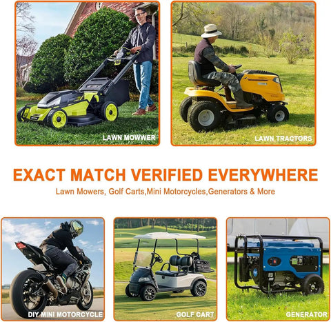 Pro Grade Fuel Pump Kit With Strainers And Oil Hose For 17HP To 25HP Lawn Mower Engines And Golf Carts Compatible With Kohler 7000 Series Cub Cadet Briggs And Stratton Mikuni John Deere Kawasaki Yamaha shown in use with various equipment including lawn mowers and golf carts.