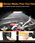 3000LM LED Work Light With Magnetic Under Hood Mount 5200mAh Rechargeable Cordless Pro Grade Mechanic Light For Car Repair Inspection Garage And Emergency Use Yellow showing sensor mode in car engine inspection