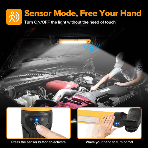3000LM LED Work Light With Magnetic Under Hood Mount 5200mAh Rechargeable Cordless Pro Grade Mechanic Light For Car Repair Inspection Garage And Emergency Use Yellow showing sensor mode in car engine inspection