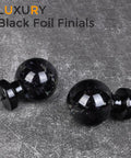 Crystal ball finials for heavy duty black curtain rod, showing luxury black foil finish against a textured background
