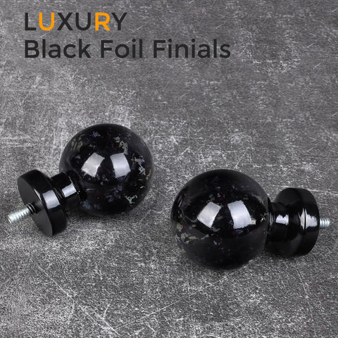 Crystal ball finials for heavy duty black curtain rod, showing luxury black foil finish against a textured background