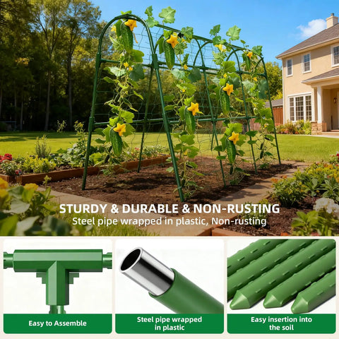 U Shape Cucumber Trellis For Raised Beds Garden Arch Metal Plant Support For Climbing Vines And Vegetables Durable Rustproof Outdoor Green No Fuss Easy Setup 47 By 30 By 47 Inches in use in a garden with cucumbers.