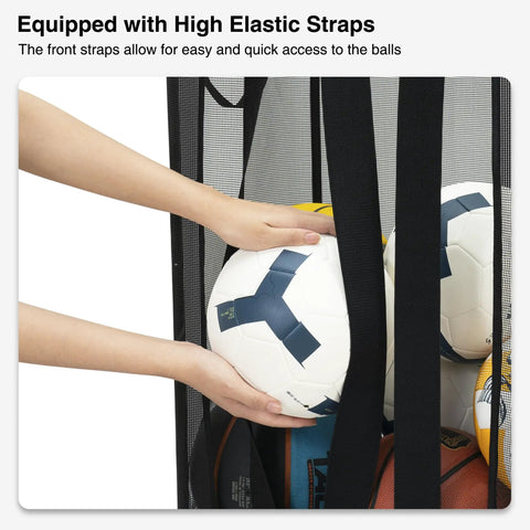 Hands placing soccer balls in black Ball Storage Organizer Basket For Garage, Gym, Or Playroom, with elastic front access