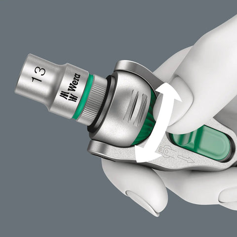 Close-up of hand using Zyklop Speed Ratchet Set Three Eighths Drive 29 Piece Metric Tool Kit With 72 Tooth Fine Pitch Pivoting Head