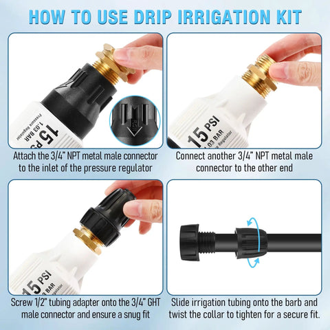 Installation guide for Two Pack Drip Irrigation Backflow Preventer And 15 PSI Pressure Regulator Kit with 3/4 Inch Garden Hose Thread.