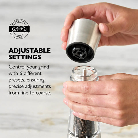 Hands adjusting Pepper Grinder With Adjustable Six Level Grind, Stainless Steel Mill, Gourmet Precision Mechanism, Keeps Pepper Fresh And Aroma Locked, Perfect Kitchen Essential For Cooks And Home Chefs.